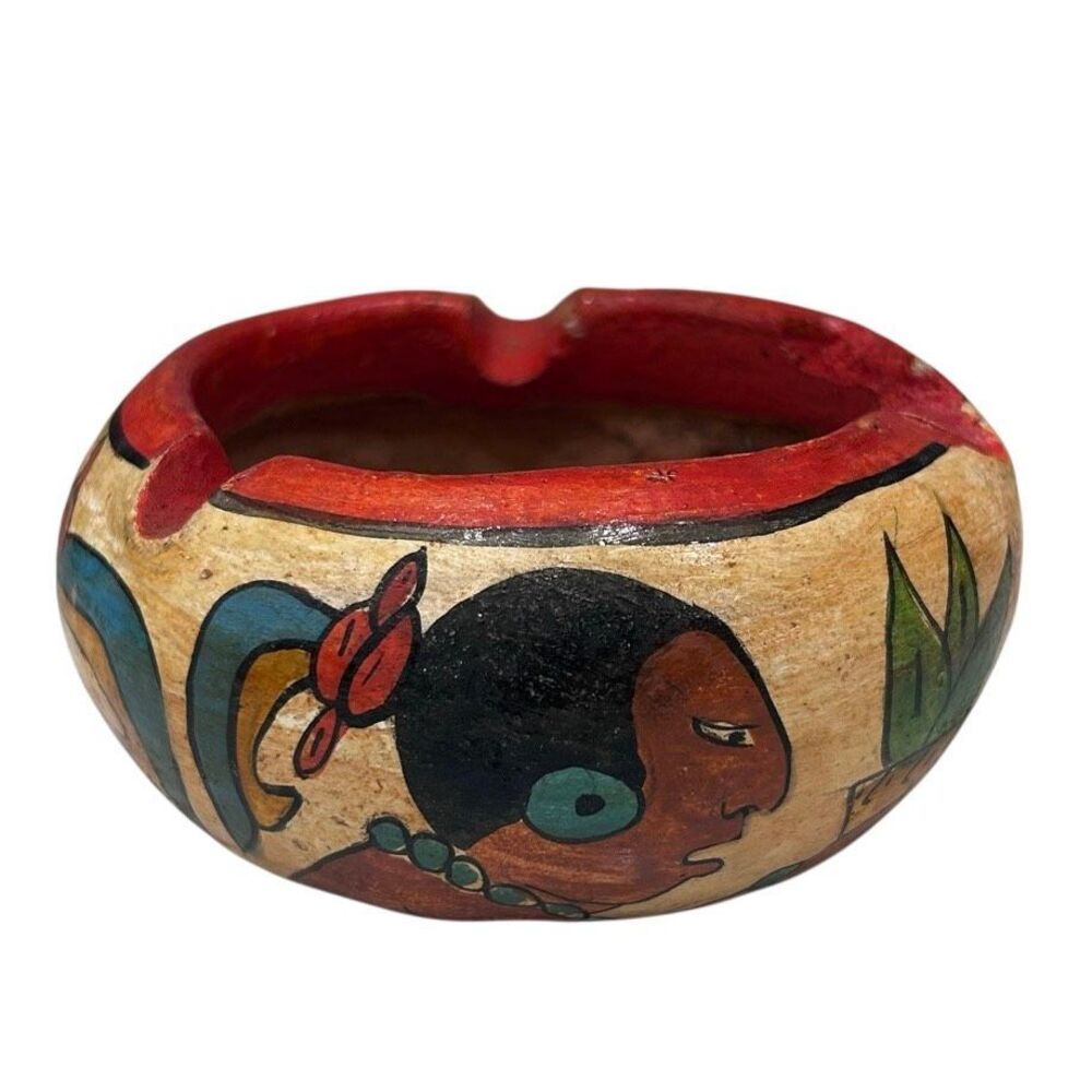 Vtg Native Aztec Mayan Inca Latin American Pottery Ashtray Bowl 2" Hand-Painted